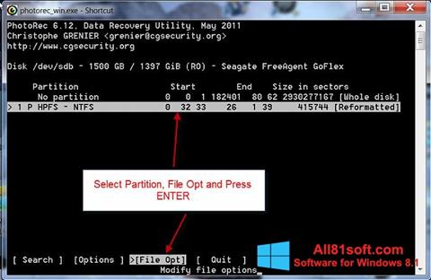 Screenshot PhotoRec para Windows 8.1